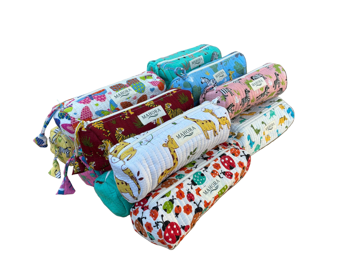 A collection of quilted pencil cases with various colorful animal and nature prints.